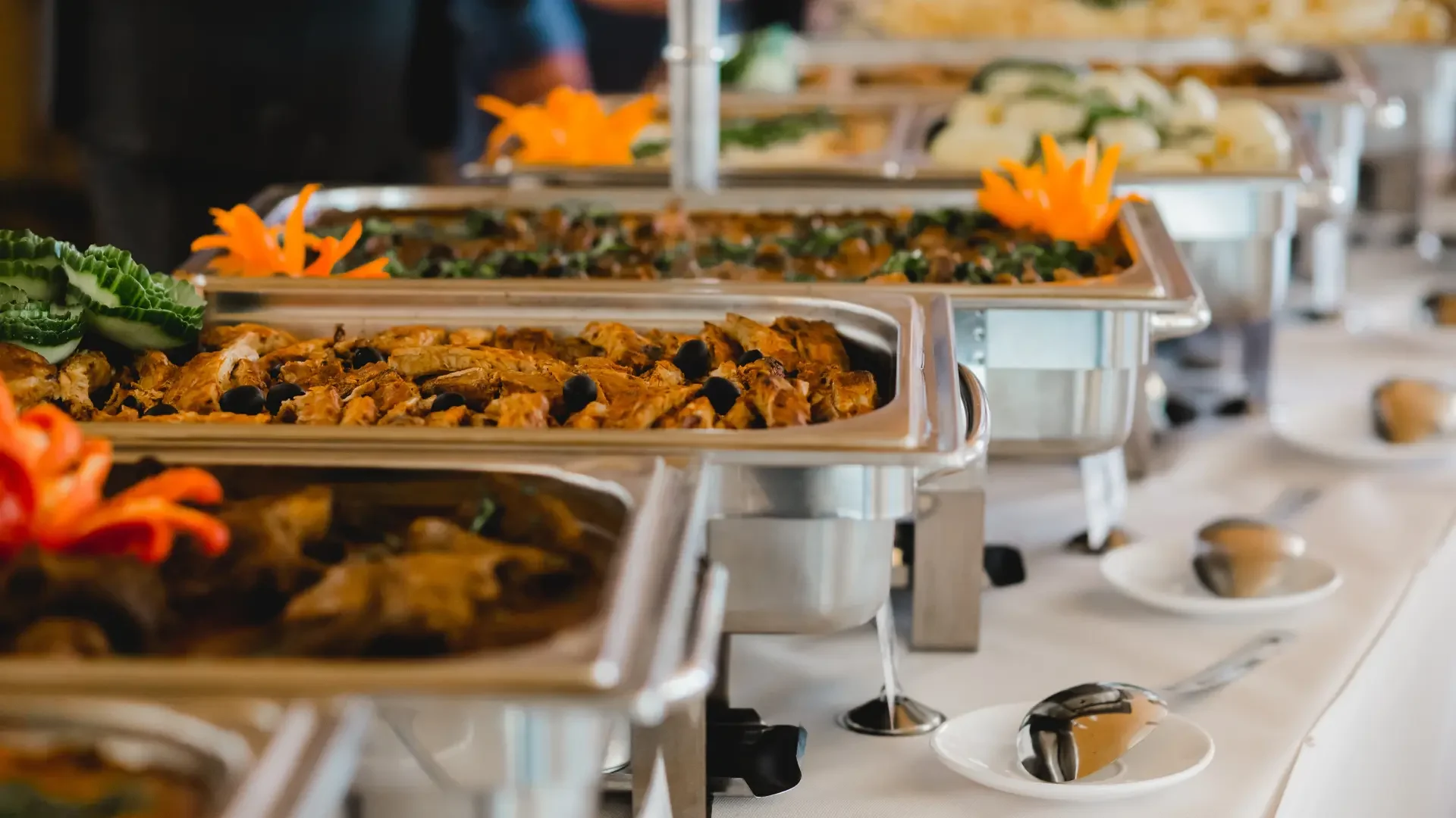 Catering spread laid out for a large gathering